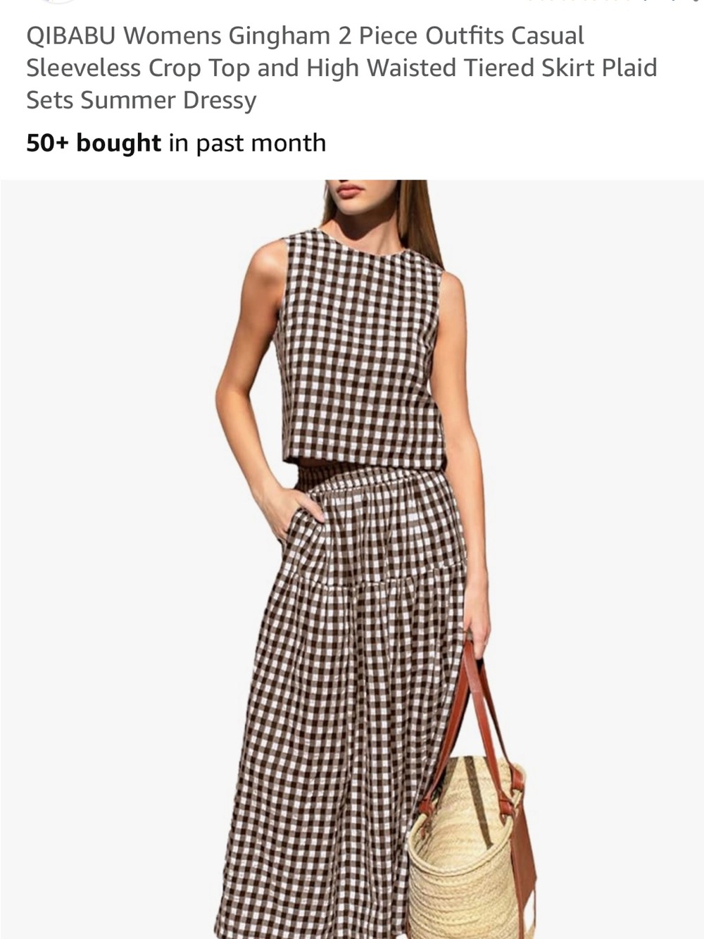 Gingham Sleeveless Crop Top & High-Waist Tiered Skirt Set - Brown/White